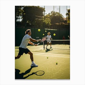 An Energetic Tennis Match In Progress At An Outdoor Courts Players Lobbing Yellow Tennis Balls With (3) Canvas Print