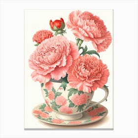 Pink Carnations In A Teacup Canvas Print