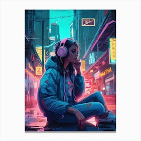 Girl With Headphones In The City Canvas Print