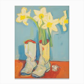 A Painting Of Cowboy Boots With Daffodil Flowers, Pop Art Style 7 Canvas Print