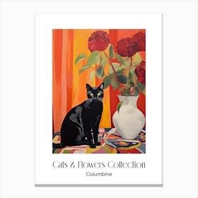 Cats & Flowers Collection Columbine Flower Vase And A Cat, A Painting In The Style Of Matisse 0 Canvas Print