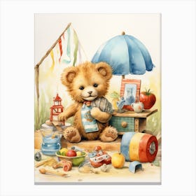 Playing With Wooden Toys Watercolour Lion Art Painting 2 Canvas Print