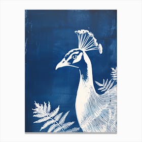 Navy Blue & White Peacock Linocut Inspired Portrait 3 Canvas Print