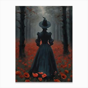 A Victorian Witch Amongst Red Poppies - Dark Aesthetic Gloomy Beautiful Forlorn Solitude Painting by Sarah Valentine Canvas Print