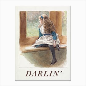 Darlin'. Vintage Nursery Illustration with Little Girl and Typography, Kids Room Canvas Print