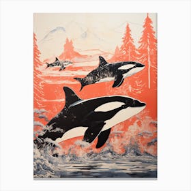 Orca, Woodblock Animal  Drawing 1 Canvas Print