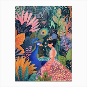 Peacock & A Woman In The Meadow 2 Canvas Print