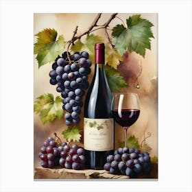 Vines,Black Grapes And Wine Bottles Painting (18) Canvas Print