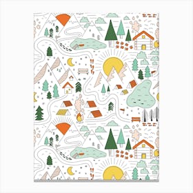 Hiking Through the Wildness Multicolor Summer Camp on White Canvas Print