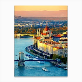 Hungary, Budapest, Chain Bridge Over Danube River And Hungarian Parliament Building Canvas Print