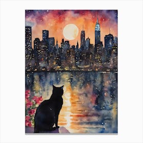 A Black Cat Watches Sunset Over New York Skyline Watercolor, Black Cat in The Big Apple, Witchy Cats, Iconic Cats Watercolour Painting, Colorful Pagan Dreamy Cats Among Wildflowers Living Room Artwork Famous Cityscape, Harbour Wiccan Wheel of The Year, Pretty Cats Yoga Spiritual Giant Buildings, Modern City, New York Reflecting Canvas Print
