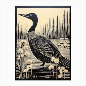 B&W Bird Linocut Loon 4 Canvas Print