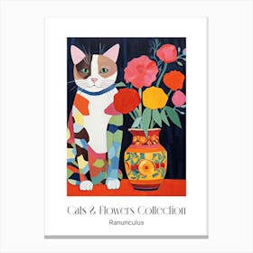 Cats & Flowers Collection Ranunculus Flower Vase And A Cat, A Painting In The Style Of Matisse 0 Canvas Print