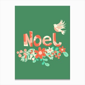 Noel Folk Art Christmas Dove and Winter Florals on Green Canvas Print