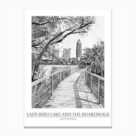 Lady Bird Lake And The Boardwalk Austin Texas Black And White Drawing 3 Poster Canvas Print