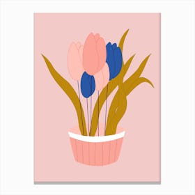 Pink And Blue Tulips In A Pot Canvas Print