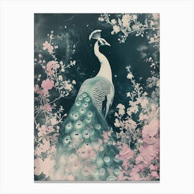 Vintage Cyanotype Inspired Peacock With Blossom 3 Canvas Print