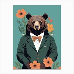 Floral Black Bear Portrait In A Suit (31) Canvas Print