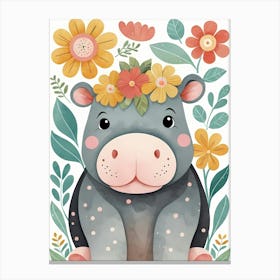 Floral Baby Hippo Nursery Illustration (46) Canvas Print