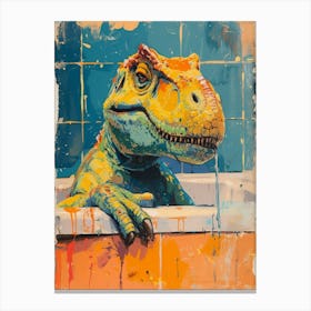 Dinosaur In The Bathtub Blue Orange Canvas Print