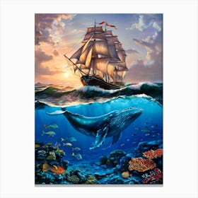 Sailing Ship with Underwater World. Oil Painting #2 Canvas Print