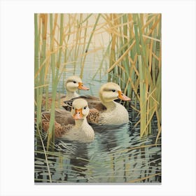Ducklings With The Pond Weed Japanese Woodblock Style 2 Canvas Print