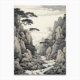 Tojinbo Cliffs In Fukui, Ukiyo E Black And White Line Art Drawing 2 Canvas Print
