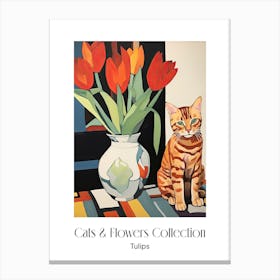 Cats & Flowers Collection Tulip Flower Vase And A Cat, A Painting In The Style Of Matisse 1 Canvas Print
