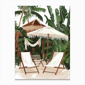 Beach Loungers And Umbrella Canvas Print