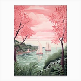 An Illustration In Pink Tones Of  Of Sailboats And Fern Vines 3 Canvas Print