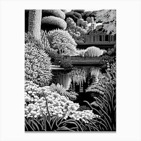 Claude Monet Foundation Gardens, 1, France Linocut Black And White Vintage Canvas Print