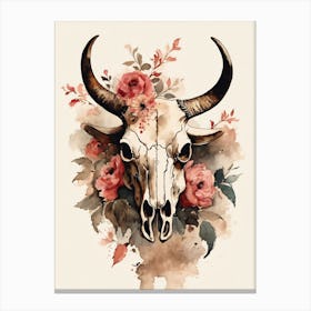 Vintage Boho Bull Skull Flowers Painting (32) Canvas Print
