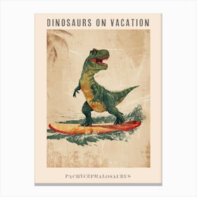 Vintage Pachycephalosaurus Dinosaur On A Surf Board 2 Poster Canvas Print