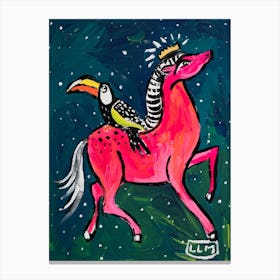 Pink Pony And Toucan In The Night Sky Painting Canvas Print