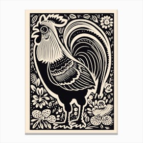 B&W Bird Linocut Chicken 6 Canvas Print