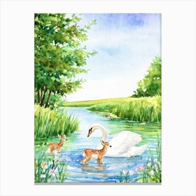 Watercolor Painting Capturing The Essence Of A Serene Wildlife Paradise Featuring A Pair Of Newborn Canvas Print