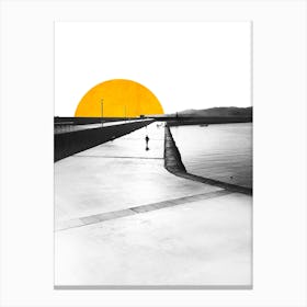 Black & White Pier With Yellow Sun Canvas Print