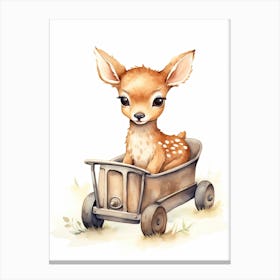 Baby Deer On Toy Car, Watercolour Nursery 0 Canvas Print
