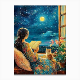 Girl Reading Book with Her Cat 13 Canvas Print