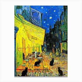 Café Cats at Night - Vincent Van Gogh Café Terrace at Night 1888 Funny Black Cats Famous Art Kitsch Vintage Art With Added Black Cat in HD Canvas Print