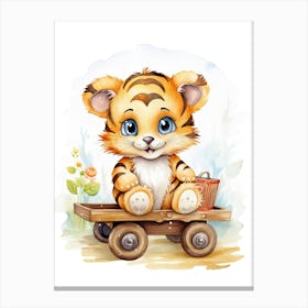 Baby Tiger On A Toy Car, Watercolour Nursery 4 Canvas Print