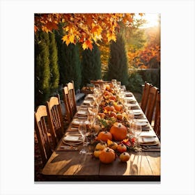 An Autumnal Thanksgiving Dinner Setting Where The Wooden Table Basks Under Golden Afternoon Sun A (1) Canvas Print