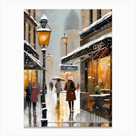 Paris cafes, winter season, Christmas, autumn oil colors, pale colors, pedestrians in the street, winter clothes, falling snow.8 1 Canvas Print