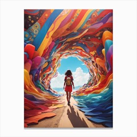 Girl Walking Through A Colorful Tunnel 1 Canvas Print