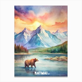 Katmai  National Park Watercolor Painting Landscape Canvas Print