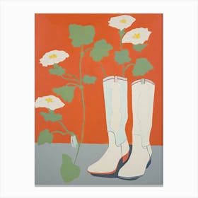 A Painting Of Cowboy Boots With White Flowers, Pop Art Style 1 Canvas Print