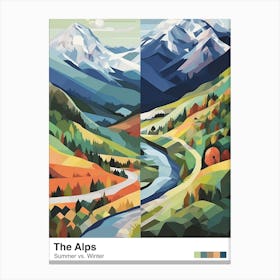 The Alps   Summer Winter Geometric Vector Illustration Poster Canvas Print