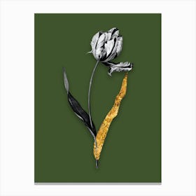 Vintage Didiers Tulip Black and White Gold Leaf Floral Art on Olive Green n.0467 Canvas Print