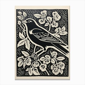 B&W Bird Linocut Cowbird 2 Canvas Print