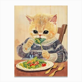 Tan Cat Eating A Salad Folk Illustration 2 Canvas Print